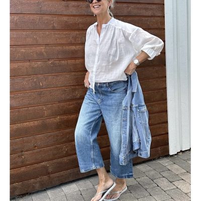 vit linneblus kitty med jeans