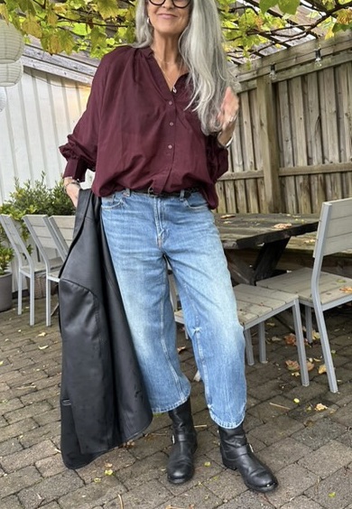 FREJA, mörk plommon bomull-sidenblus med volym - Bild 2