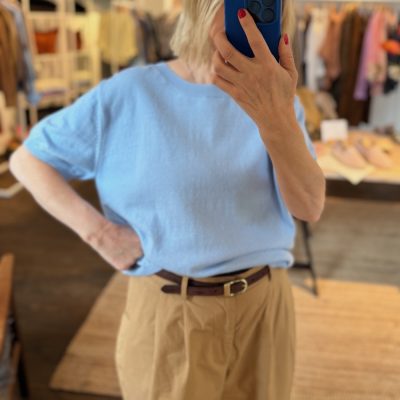 Ljusblå kortärmad tröja i bomull-cashmere, TINA