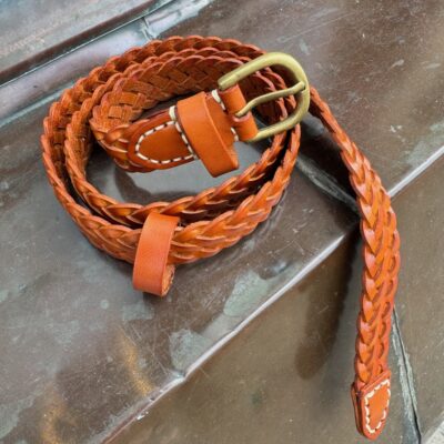 Flätat skinnskärp bränd orange – Äkta läder, 3 cm brett, 100 cm långt